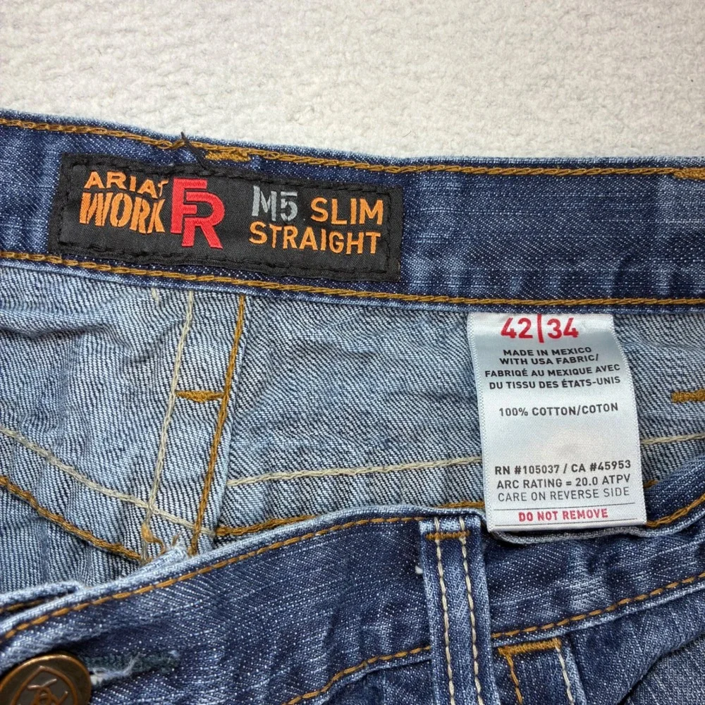 Ariat M5 Slim Straight FR Jeans Men 42x34 Blue Faded Denim Work Flame Resistant